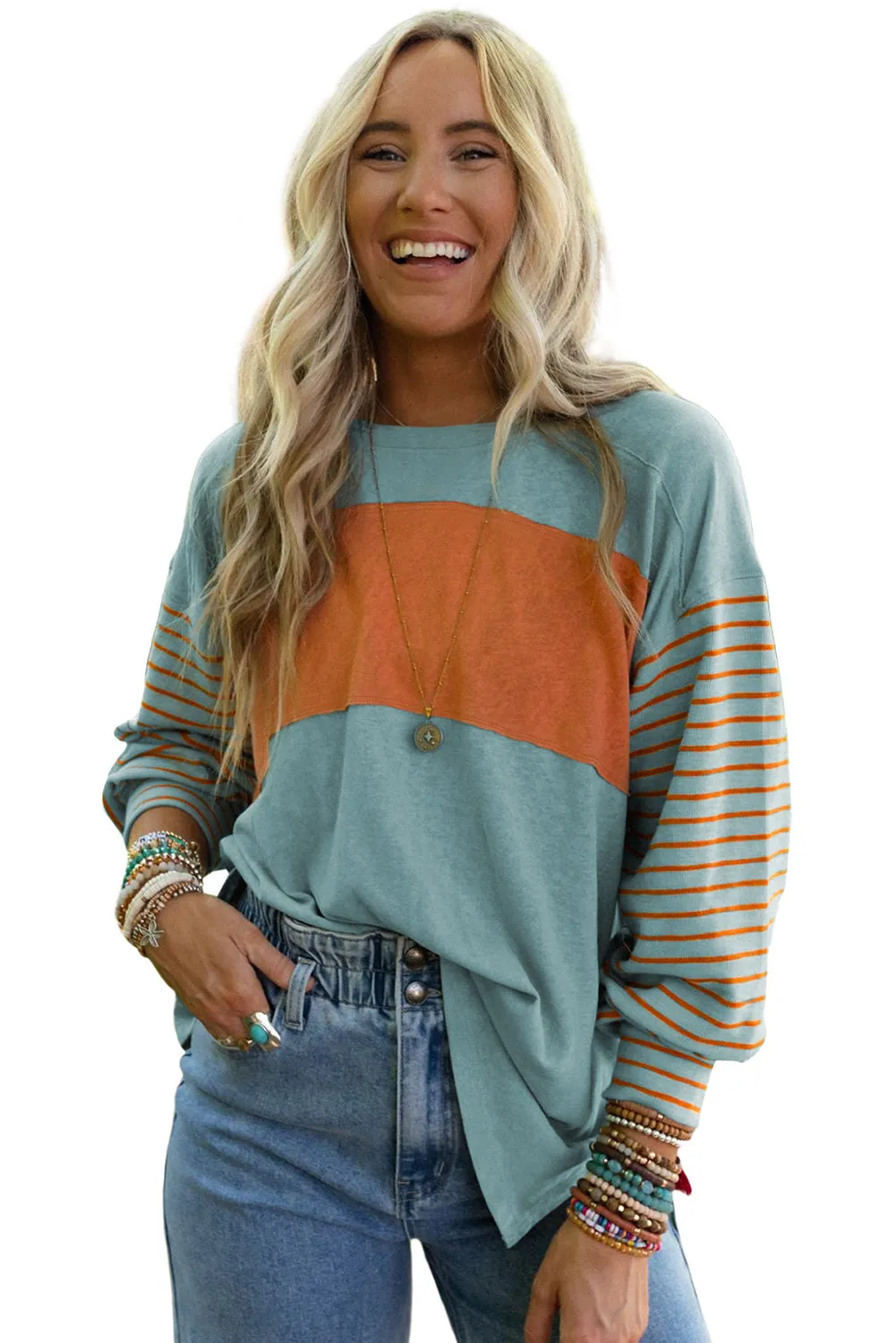 Red Colorblock Striped Bishop Sleeve Top