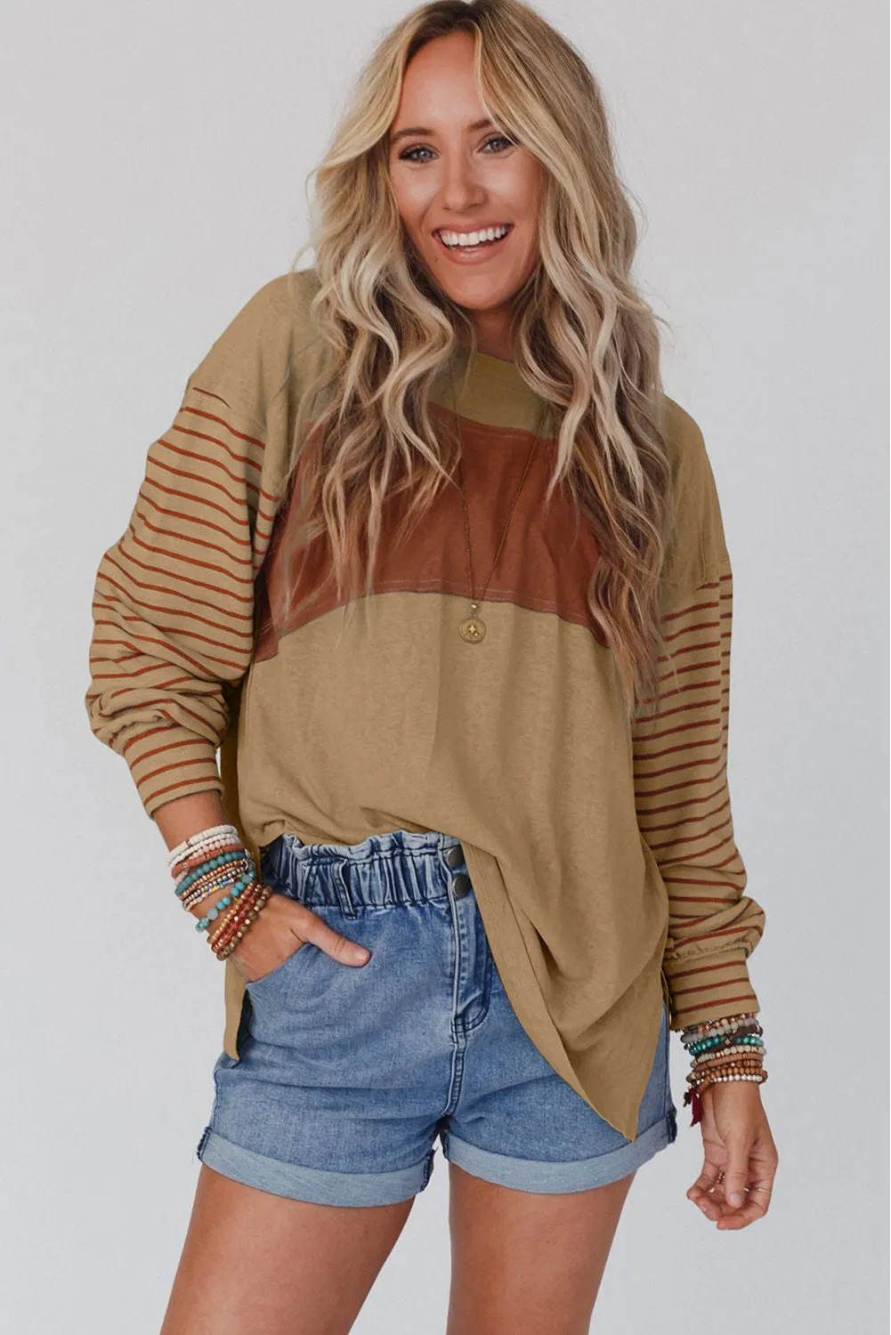 Red Colorblock Striped Bishop Sleeve Top