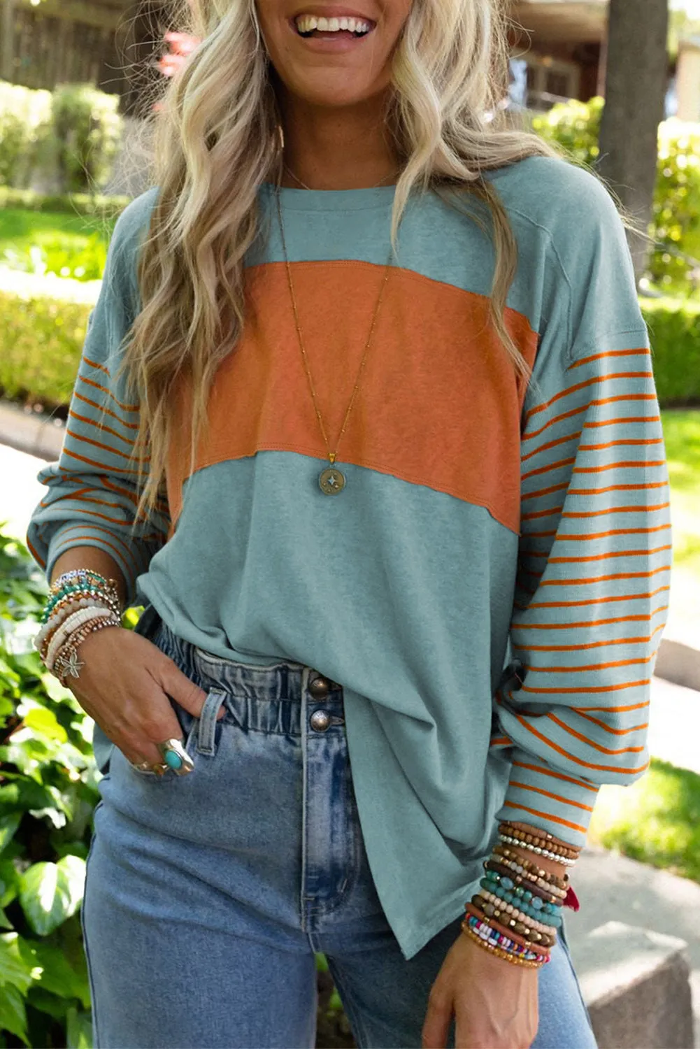Red Colorblock Striped Bishop Sleeve Top