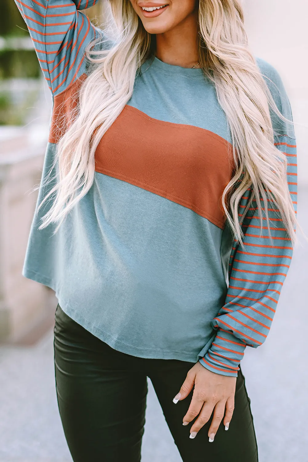 Red Colorblock Striped Bishop Sleeve Top
