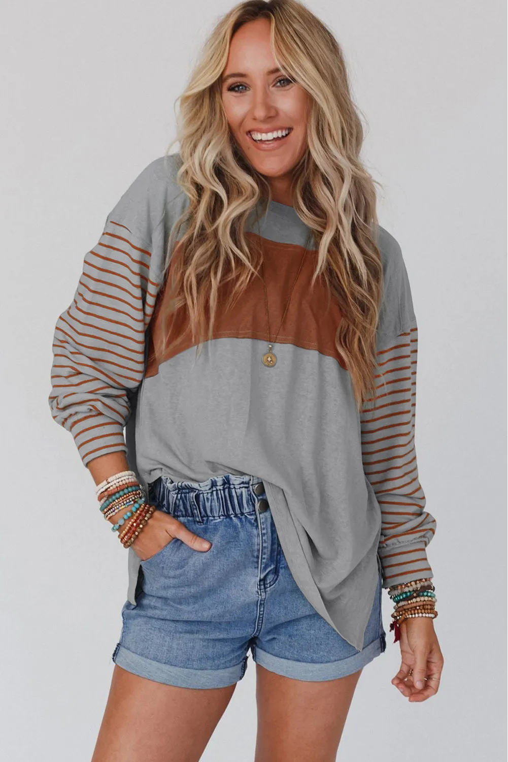 Red Colorblock Striped Bishop Sleeve Top