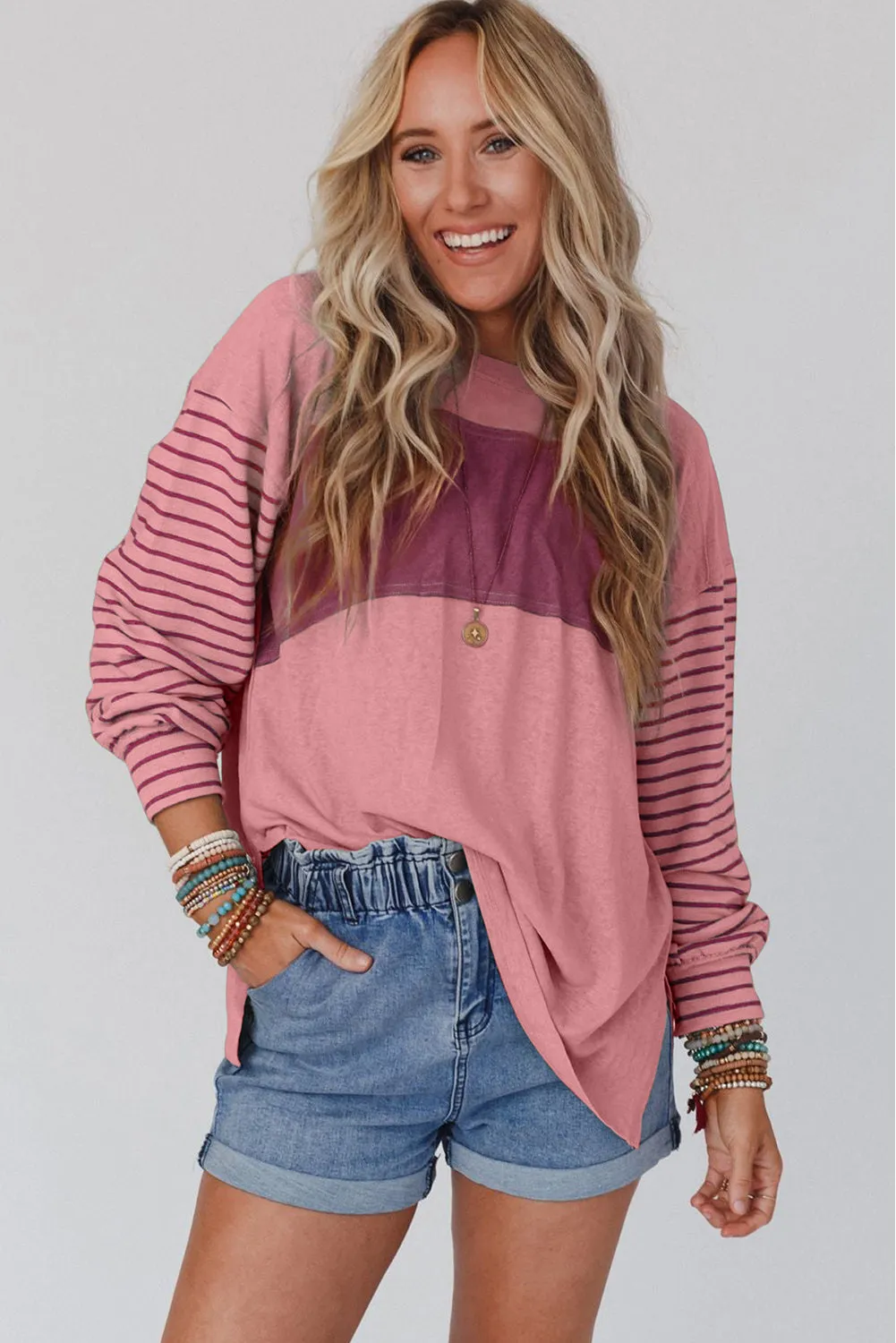 Red Colorblock Striped Bishop Sleeve Top
