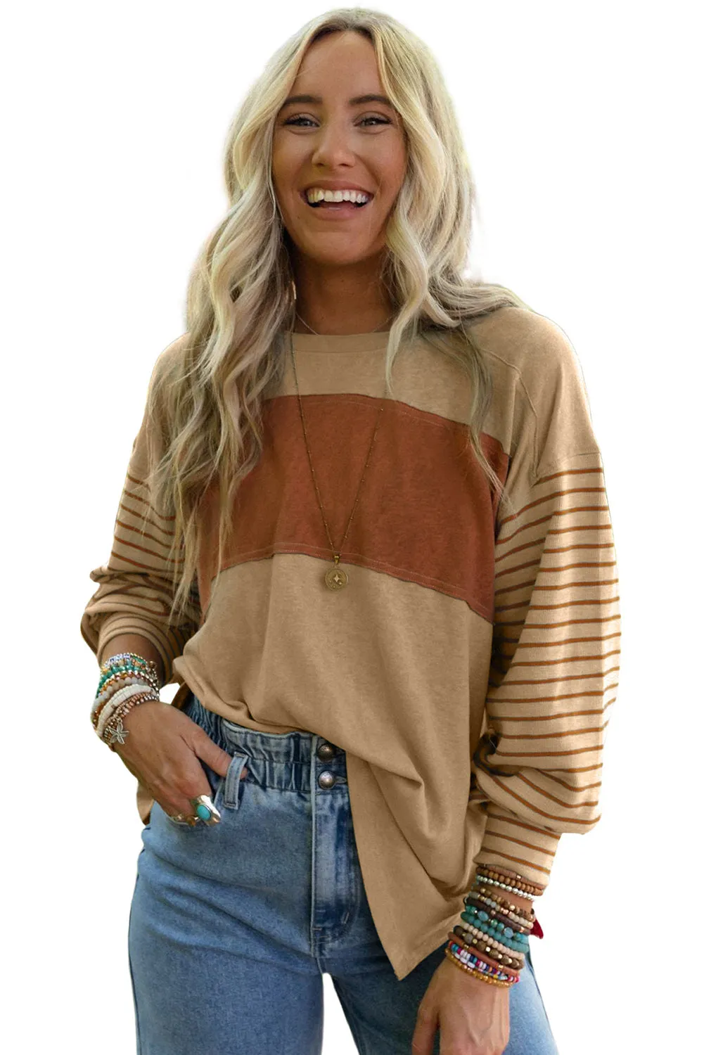 Red Colorblock Striped Bishop Sleeve Top