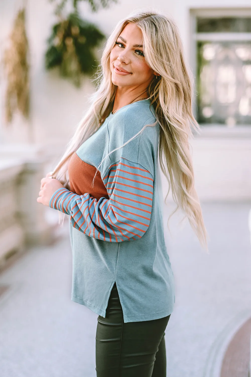 Red Colorblock Striped Bishop Sleeve Top