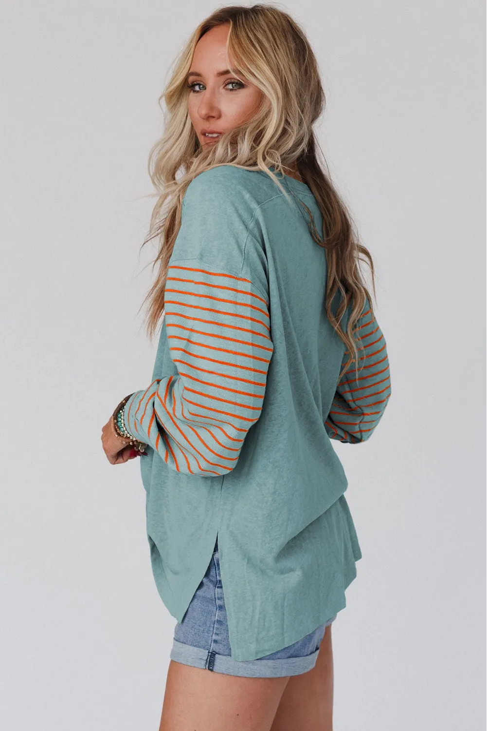 Red Colorblock Striped Bishop Sleeve Top