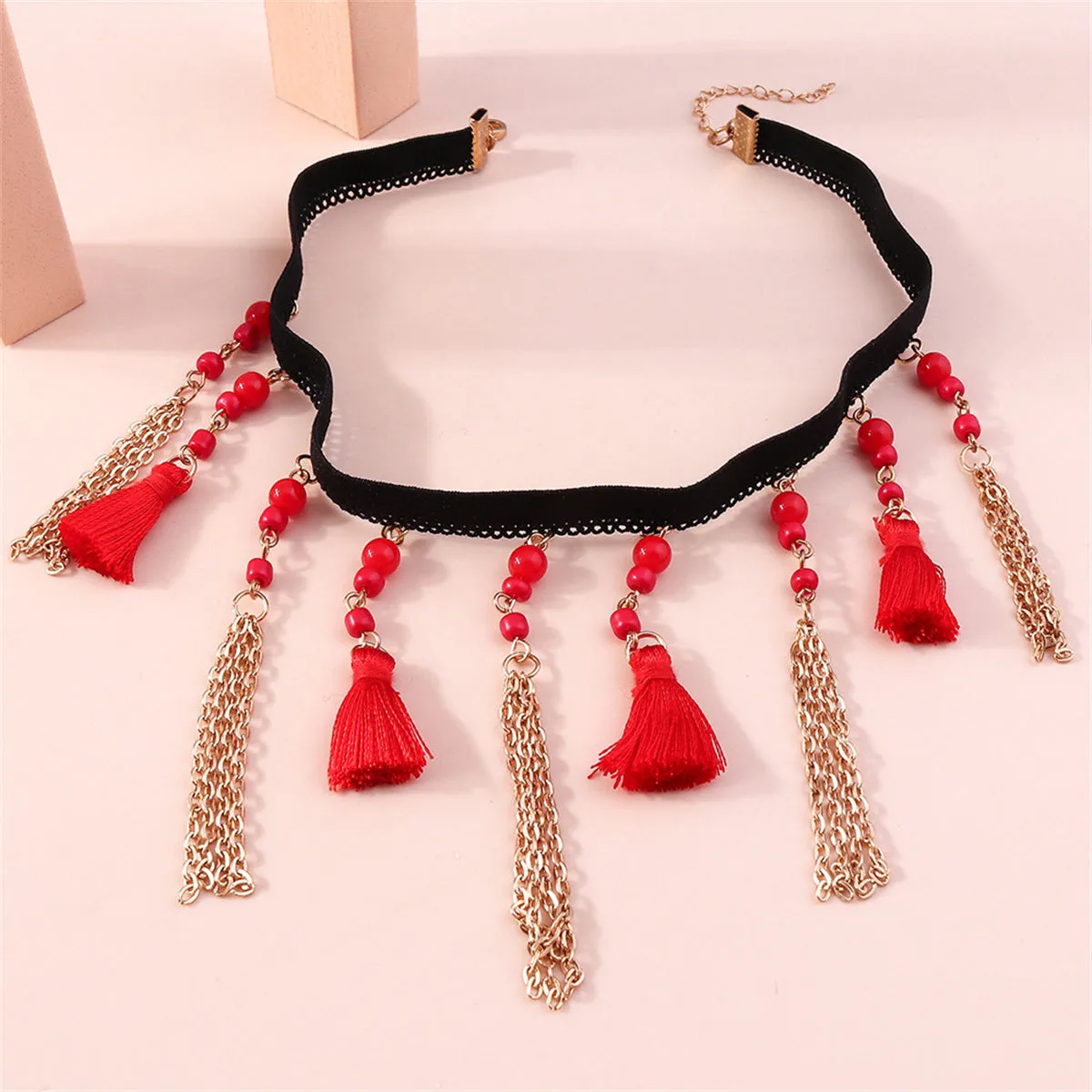Red Howlite & Silver-Plated Tassel Choker Necklace