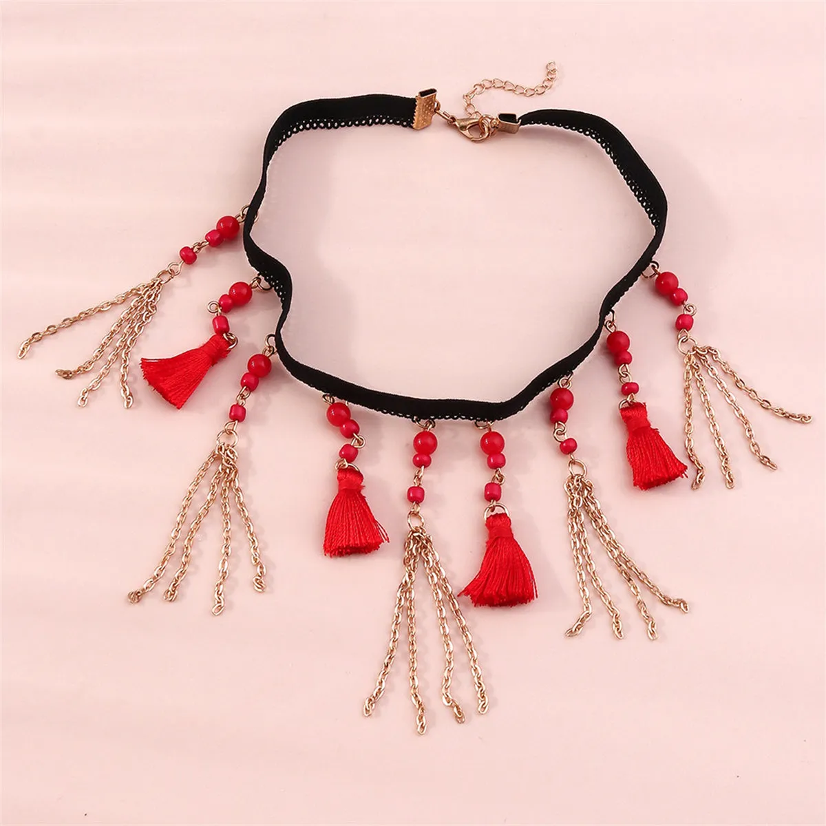 Red Howlite & Silver-Plated Tassel Choker Necklace