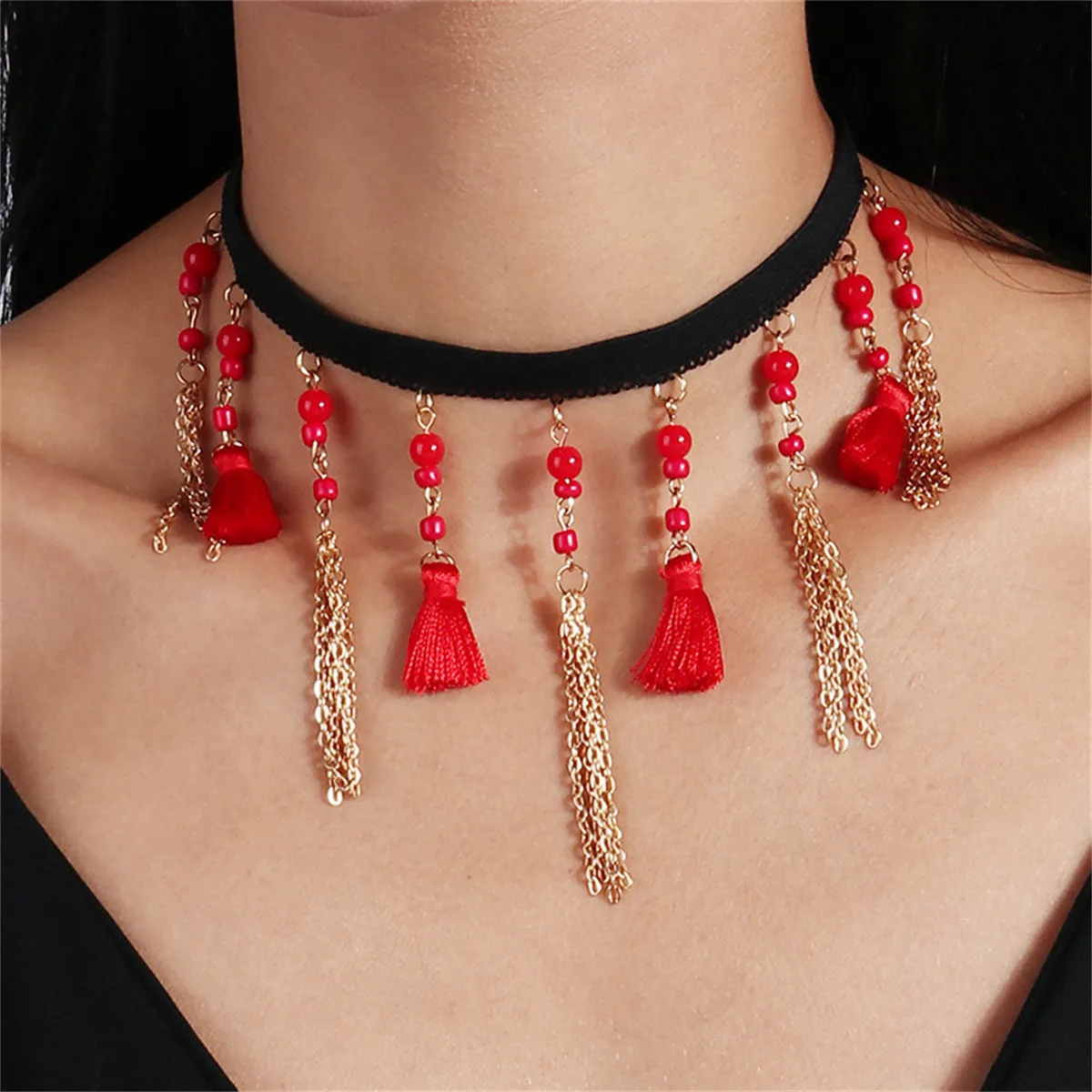 Red Howlite & Silver-Plated Tassel Choker Necklace