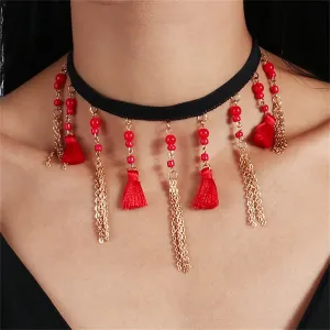 Red Howlite & Silver-Plated Tassel Choker Necklace