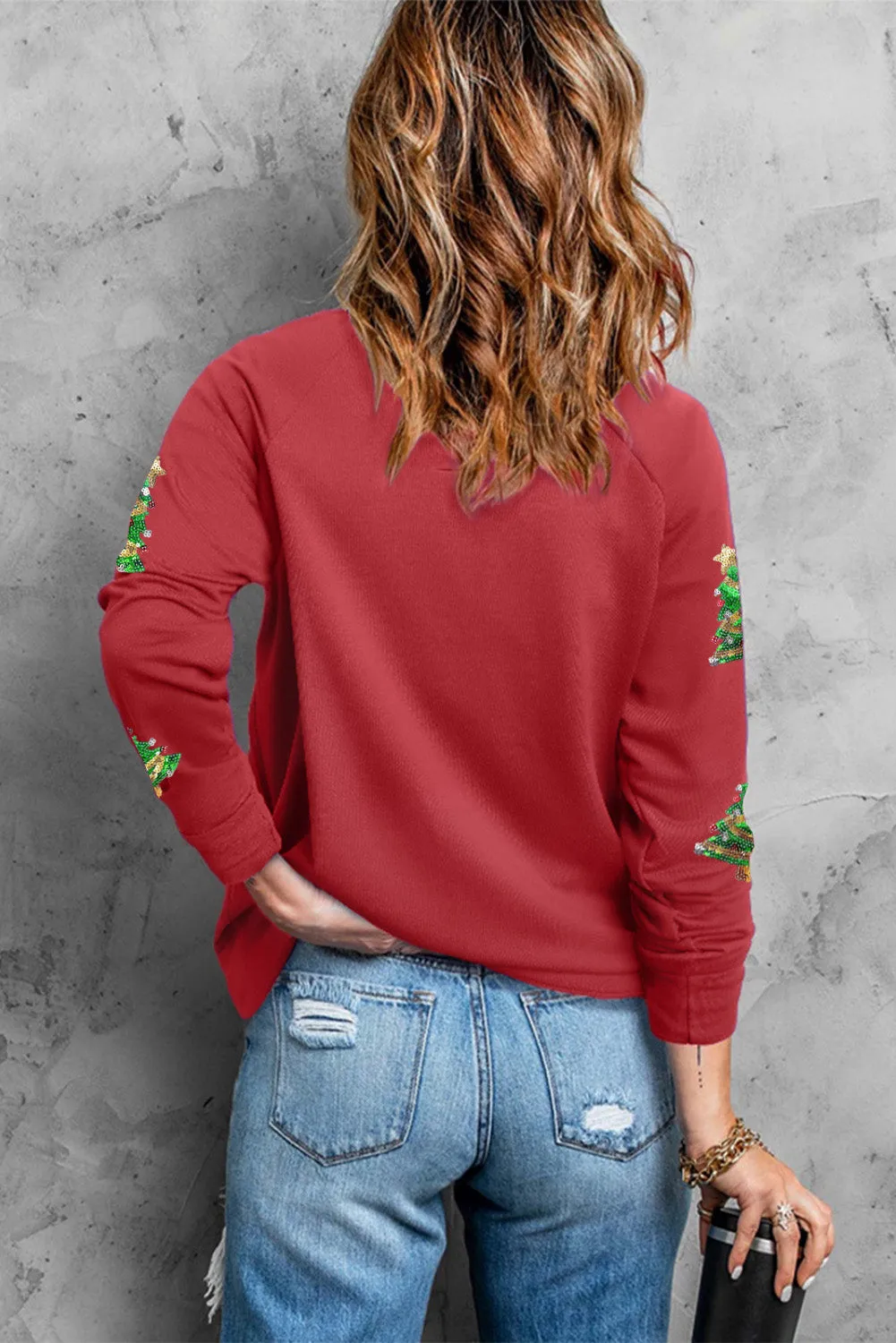 Red Sequined Christmas Tree Raglan Sleeve Sweatshirt