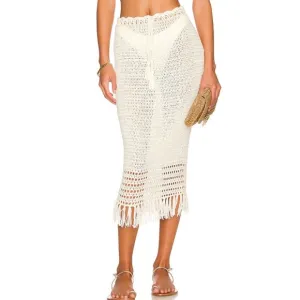 Revolve Crochet Midi Skirt White MEDIUM Fringe MORE TO COME Angelina $78 NEW