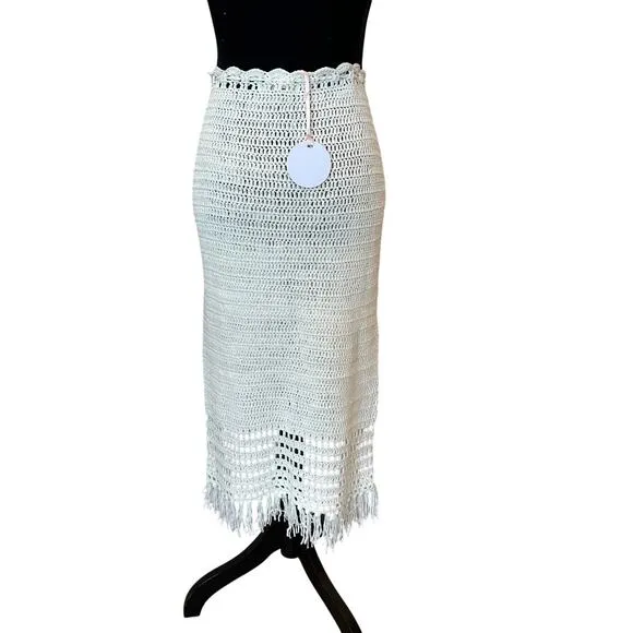 Revolve Crochet Midi Skirt White MEDIUM Fringe MORE TO COME Angelina $78 NEW