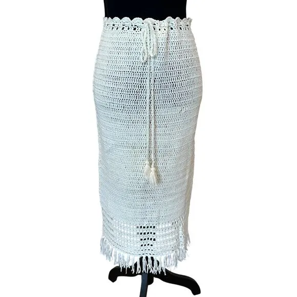Revolve Crochet Midi Skirt White MEDIUM Fringe MORE TO COME Angelina $78 NEW