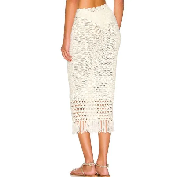 Revolve Crochet Midi Skirt White MEDIUM Fringe MORE TO COME Angelina $78 NEW