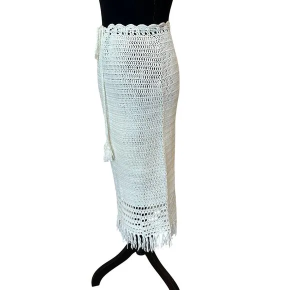 Revolve Crochet Midi Skirt White MEDIUM Fringe MORE TO COME Angelina $78 NEW