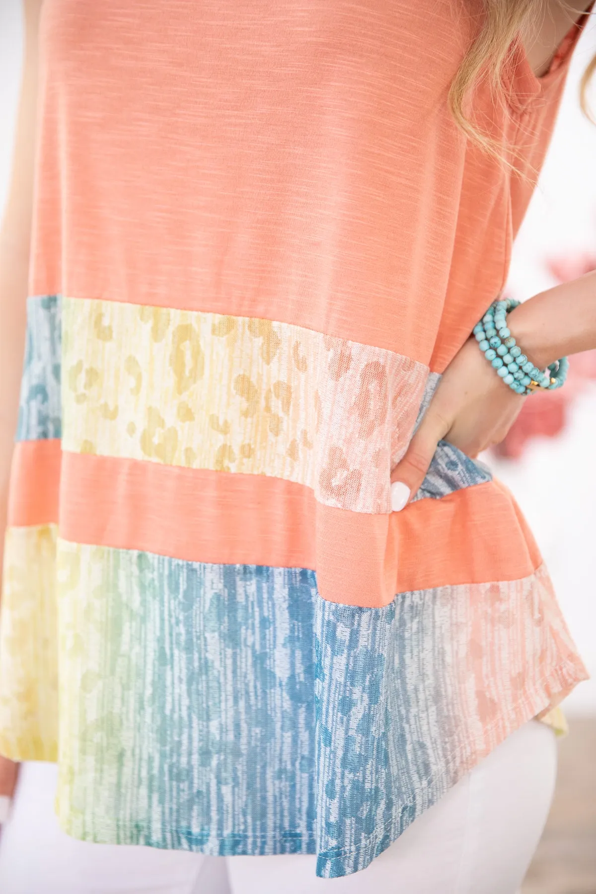 Salmon Floral Print Colorblock Tank