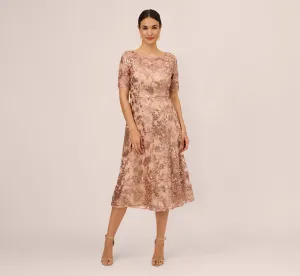 Sequin Embroidered Midi Dress With Sheer Short Sleeves In Almondine