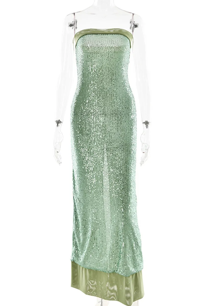 Sexy Sequins Slit Sequined Strapless Long Dresses(3 Colors)
