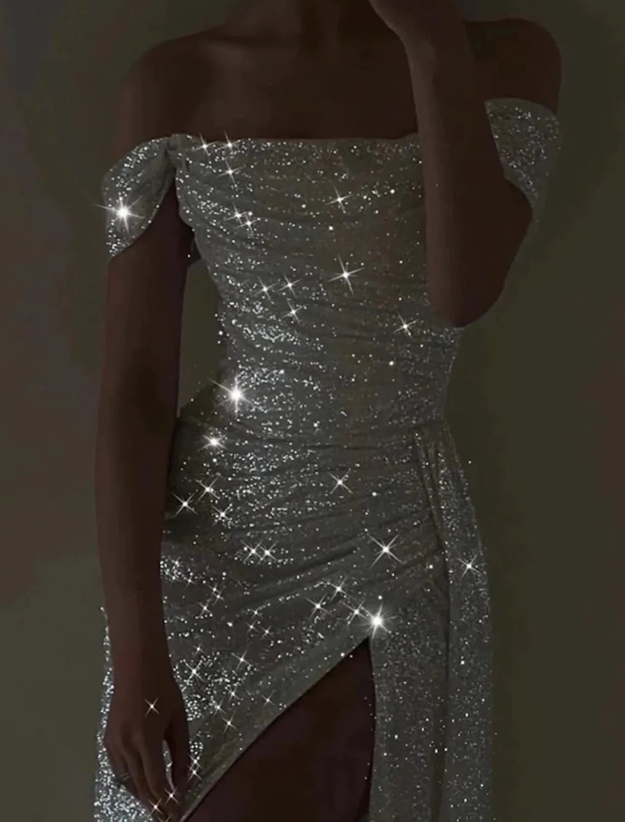 Sheath Prom Dress Sweep Off Shoulder Silver Sequin Satin, Split