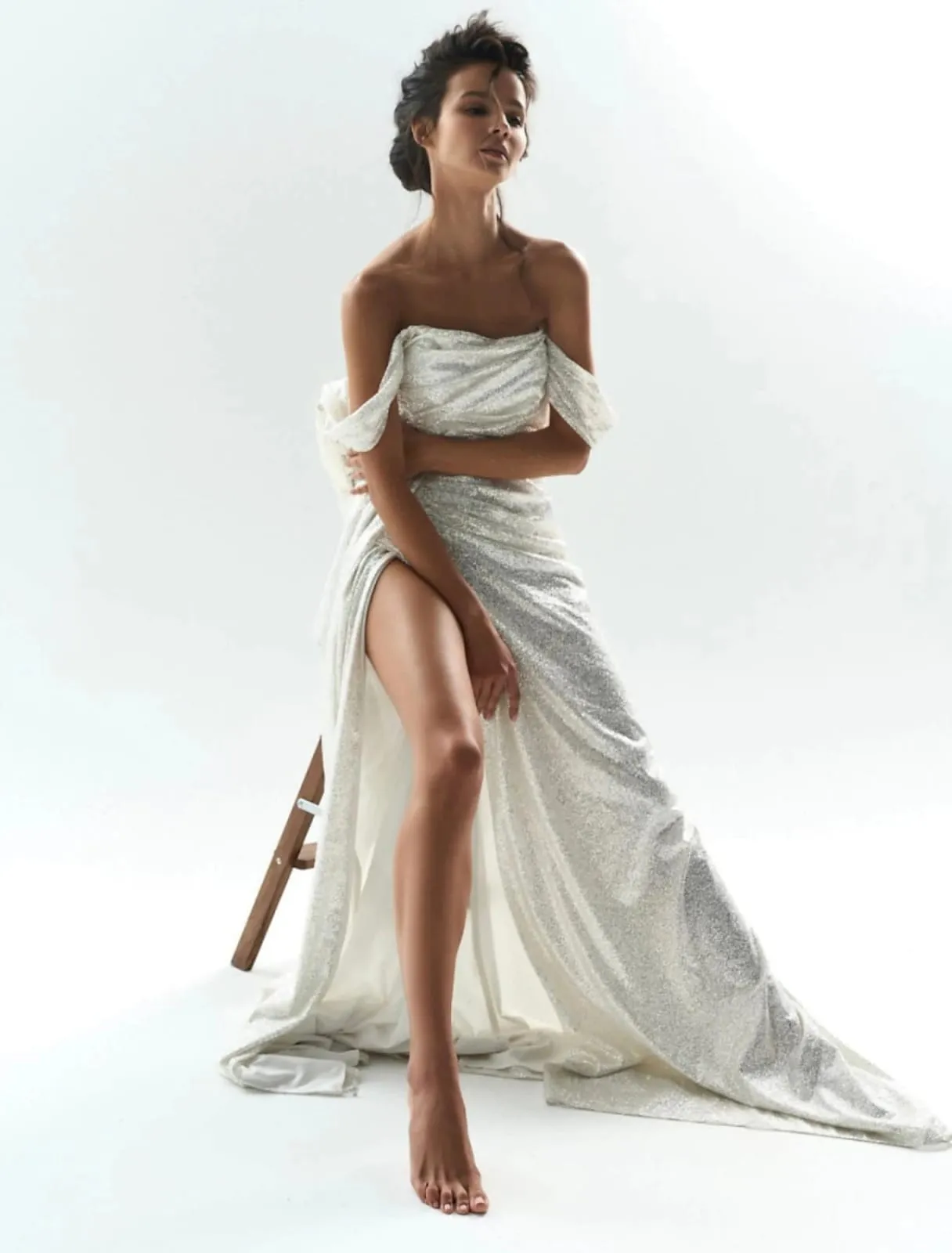 Sheath Prom Dress Sweep Off Shoulder Silver Sequin Satin, Split