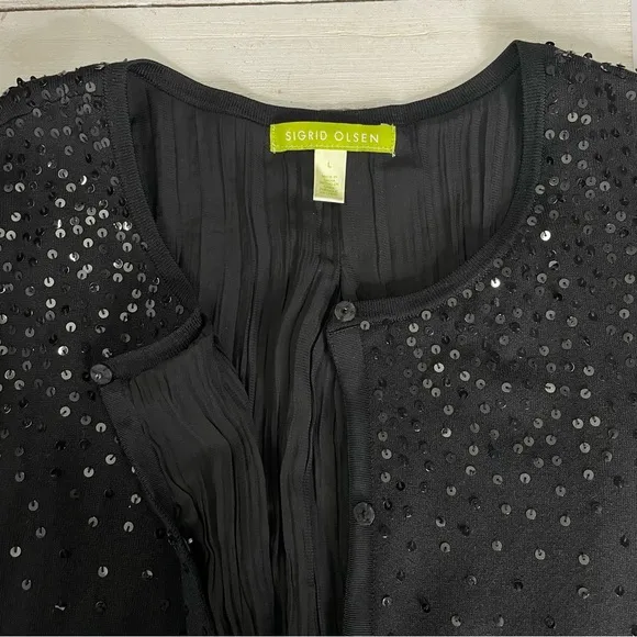 SIGRID OLSEN Silk Blend Shimmering Sequined Button Down Cardigan Sweater