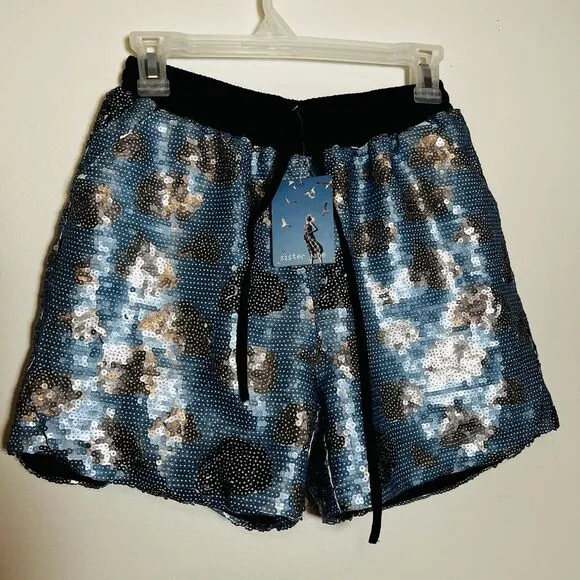 Sister Jane Sequin Storm Cloud Shorts Elastic Waist Pockets Sz Small NEW