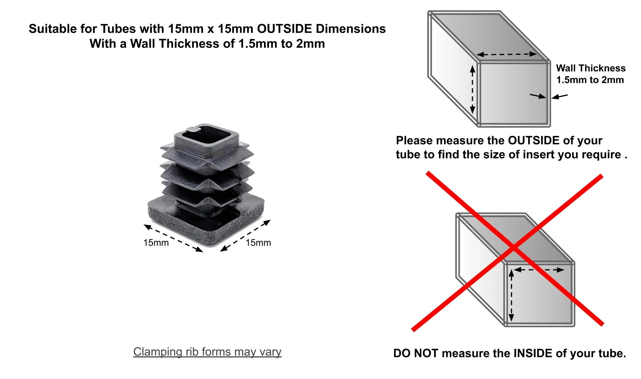 Square Tube Inserts 15x15mm - Black | Made in Germany | Keay Vital Parts
