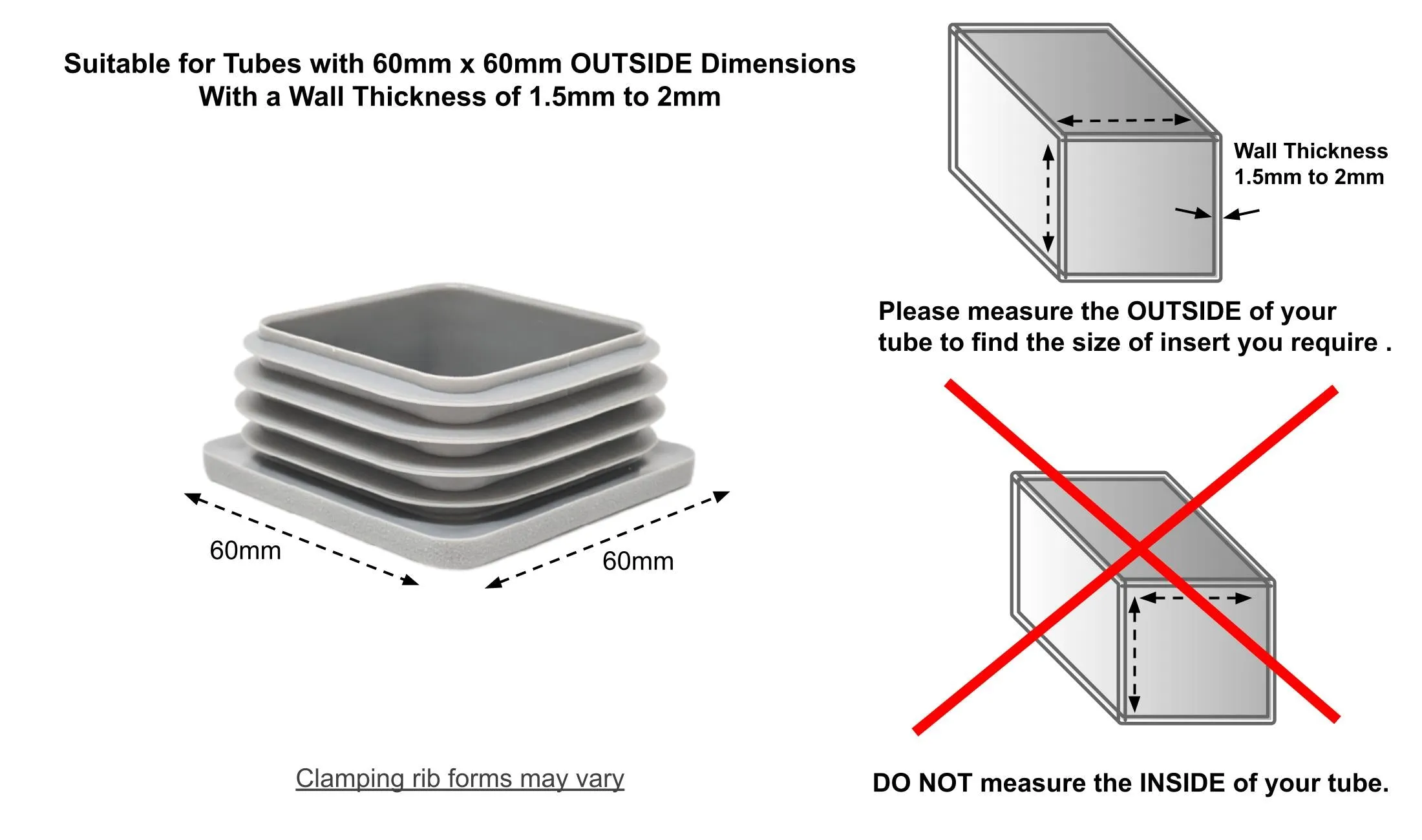 Square Tube Inserts 60x60mm - Grey | Made in Germany | Keay Vital Parts