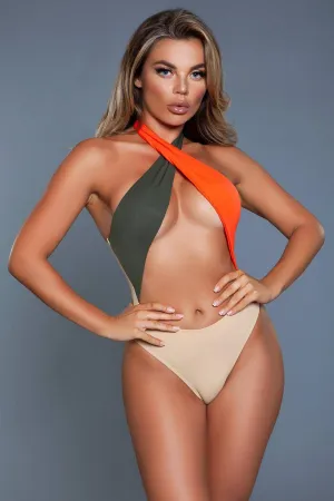 SS-Colorblock One Piece Halter Swimsuit