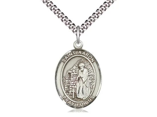 Sterling Silver St Aaron Pendant on a 24 inch Light Rhodium Heavy Curb Chain.