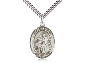 Sterling Silver St Aaron Pendant on a 24 inch Light Rhodium Heavy Curb Chain.