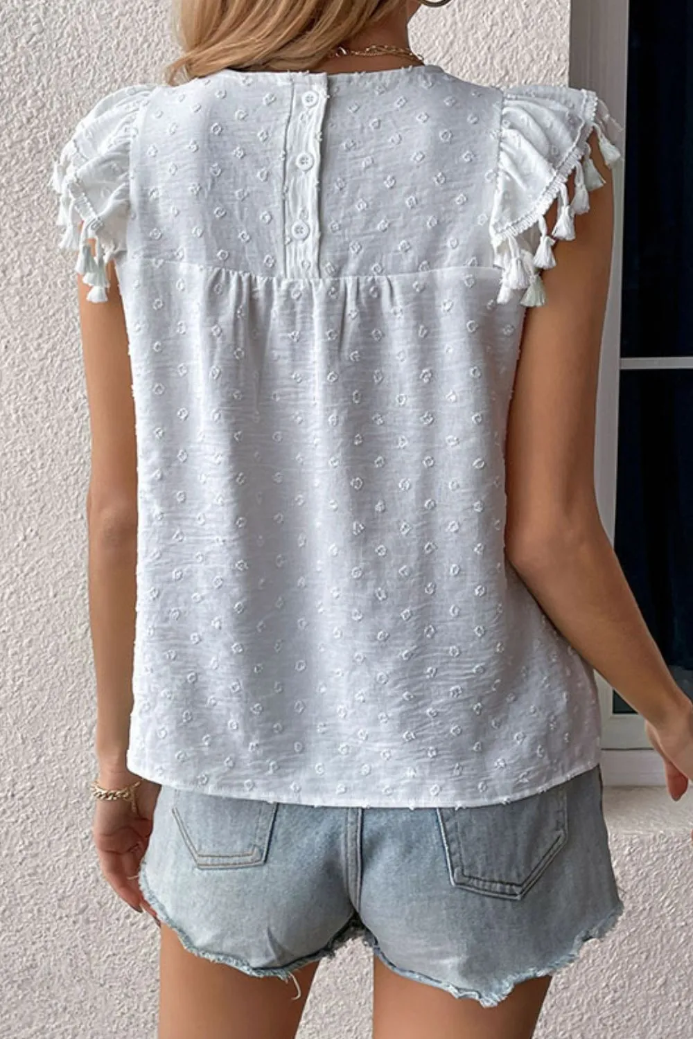 Swiss Dot Tassel Detail Round Neck Blouse