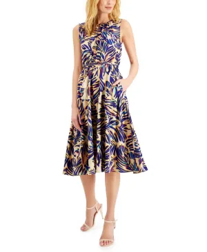 Tahari Asl Women's Printed Belted Dress 2DM017 Blue Multi 0
