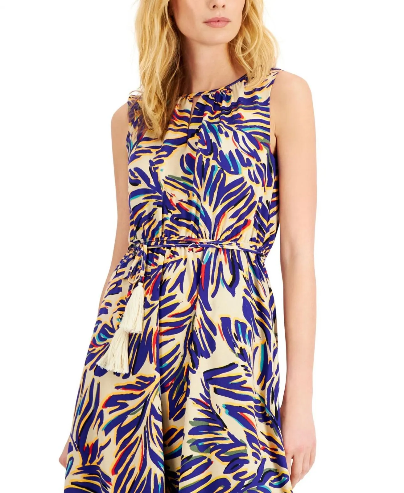 Tahari Asl Women's Printed Belted Dress 2DM017 Blue Multi 0