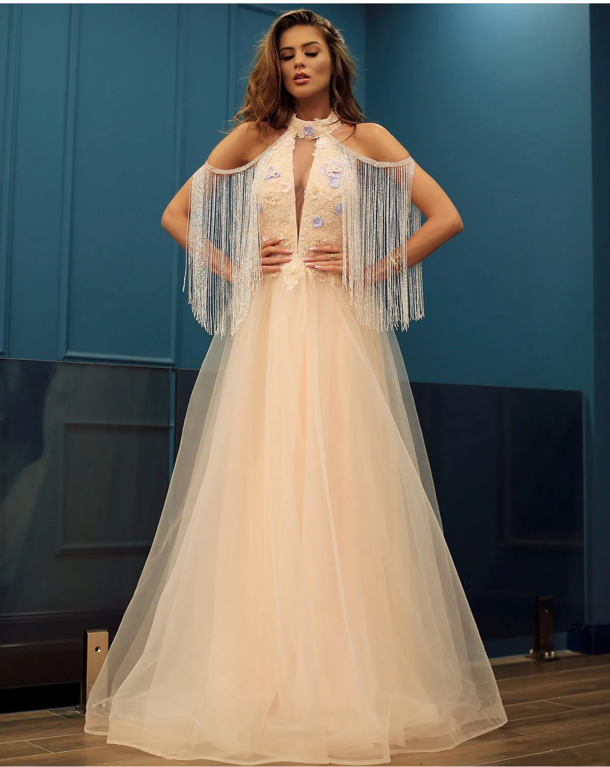 tassel prom dresses 2020 high neck beaded champagne 3d flowers elegant prom gown 2019