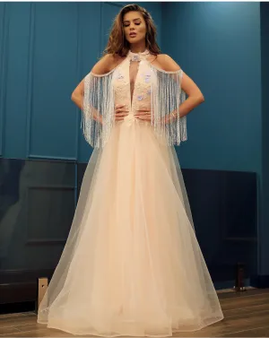 tassel prom dresses 2020 high neck beaded champagne 3d flowers elegant prom gown 2019