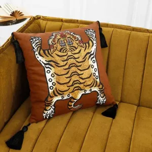 Tassel Tibetan Tiger Throw Pillow Cover - Caramel