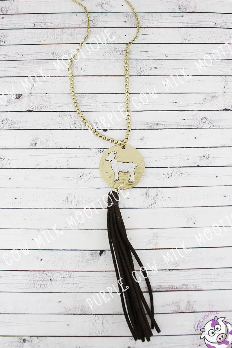 Two-Tone Goat Disk and Faux Suede Tassel Necklace