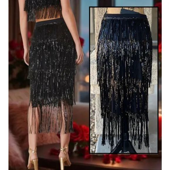 VICI Black Sequin Fringe Mini  Tazzy Skirt Size Small