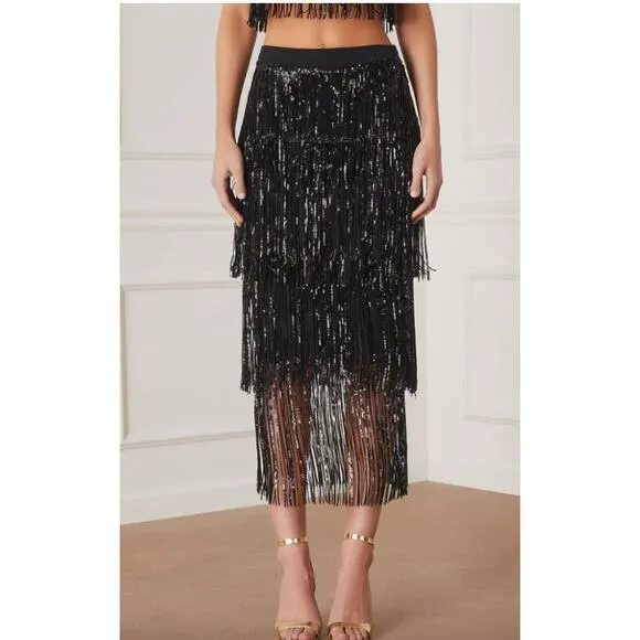 VICI Black Sequin Fringe Mini  Tazzy Skirt Size Small