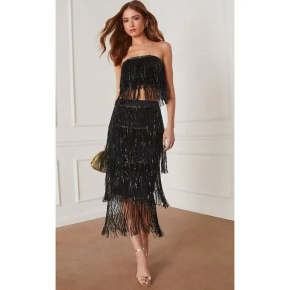 VICI Black Sequin Fringe Mini  Tazzy Skirt Size Small