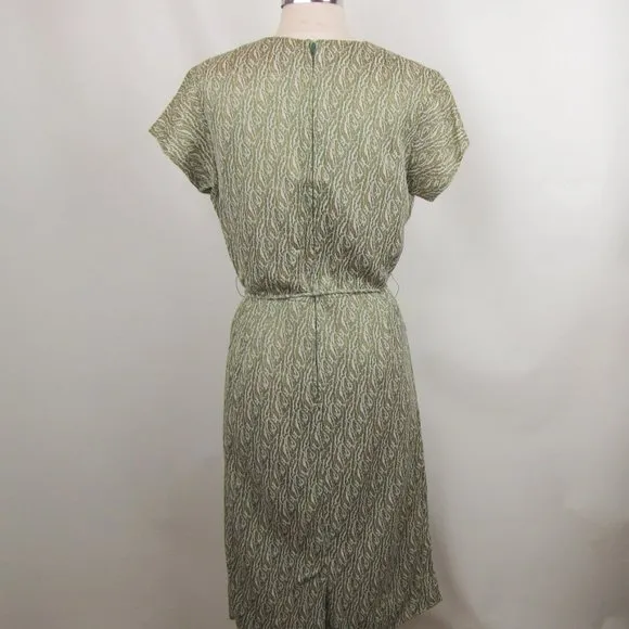 Vintage 60s Women Cocktail Dress Sheath Medium Green Gold Metallic Short Sleeves