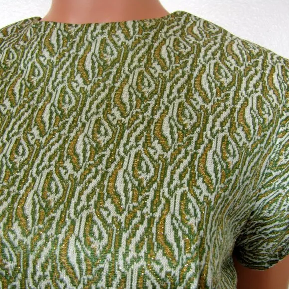Vintage 60s Women Cocktail Dress Sheath Medium Green Gold Metallic Short Sleeves