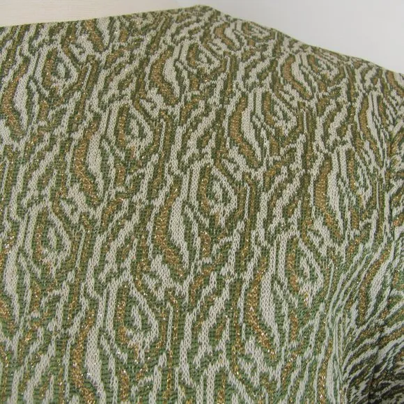 Vintage 60s Women Cocktail Dress Sheath Medium Green Gold Metallic Short Sleeves
