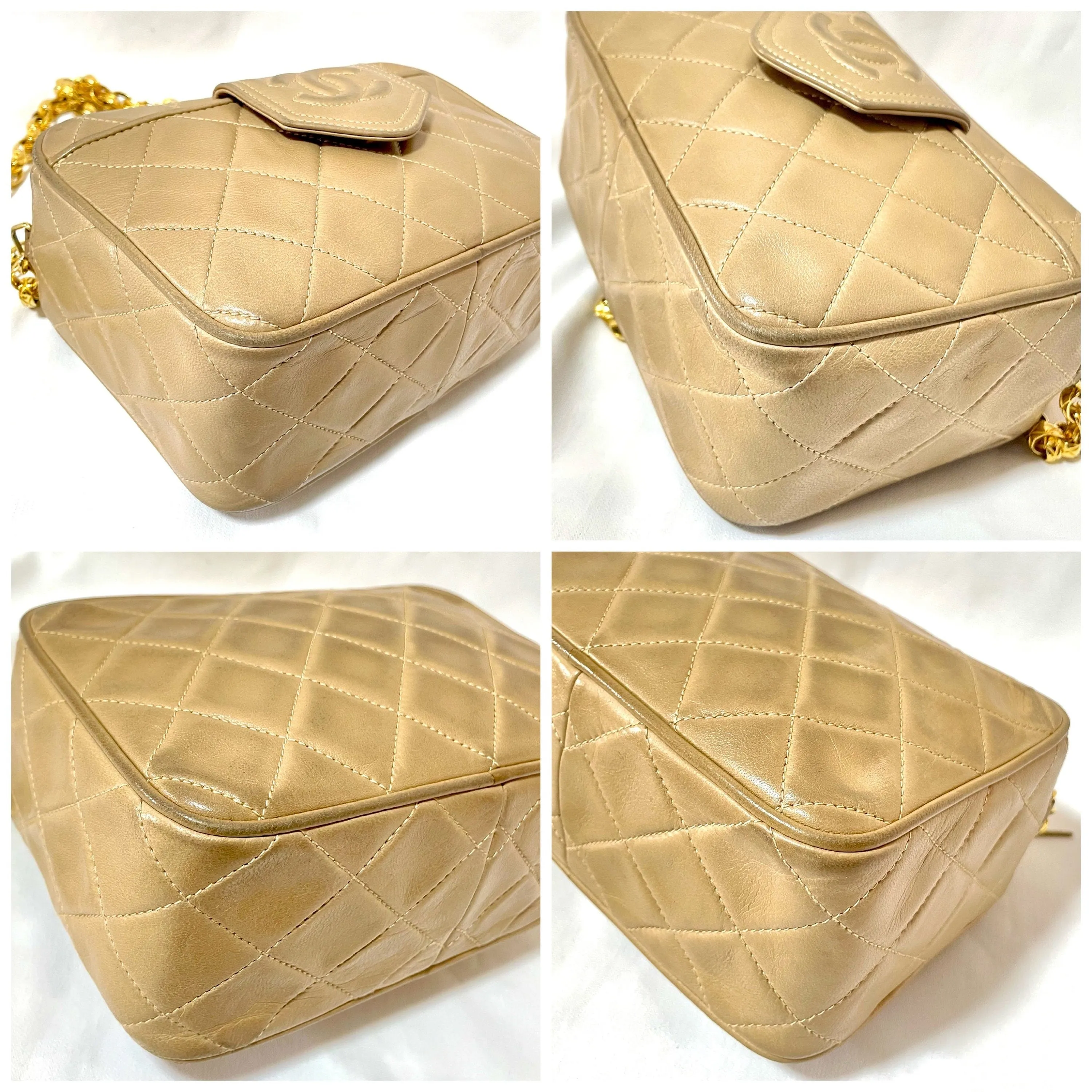 Vintage Chanel tanned beige lambskin camera bag style chain shoulder bag with fringe and CC stitch mark on pentagon flap. 051205ac3