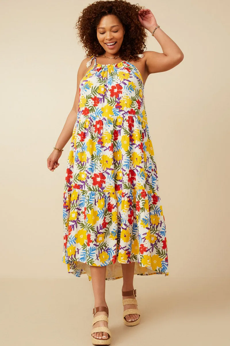 Vivid Floral Tassel Shoulder Tie Linen Blend Dress
