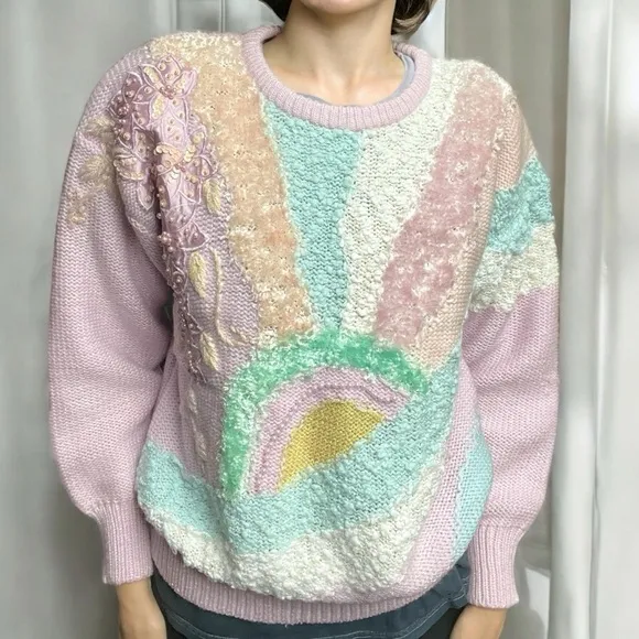 VTG 80s Jaclyn Smith Sweater Pastel Lilac Beaded Fairy Barbiecore Pearl Beads M