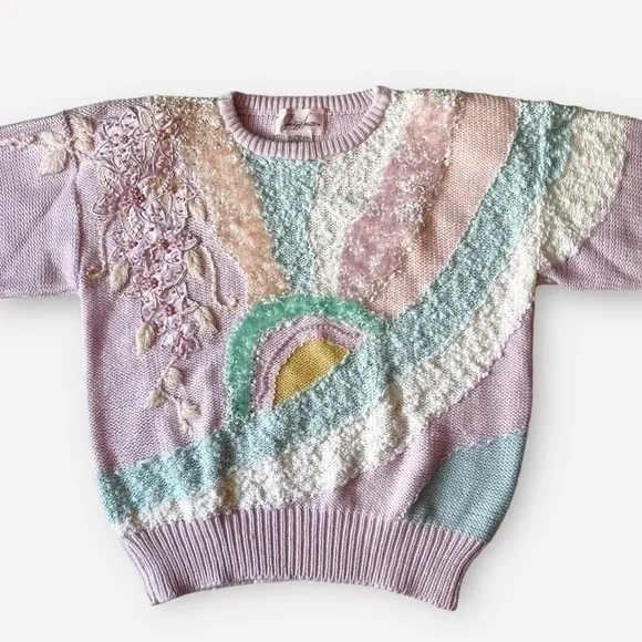 VTG 80s Jaclyn Smith Sweater Pastel Lilac Beaded Fairy Barbiecore Pearl Beads M