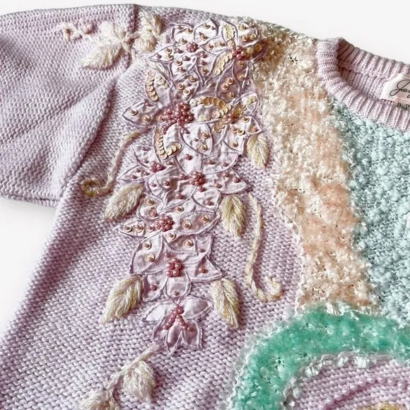 VTG 80s Jaclyn Smith Sweater Pastel Lilac Beaded Fairy Barbiecore Pearl Beads M