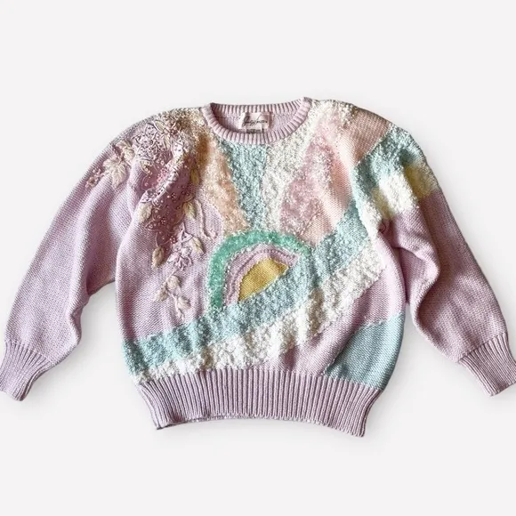 VTG 80s Jaclyn Smith Sweater Pastel Lilac Beaded Fairy Barbiecore Pearl Beads M